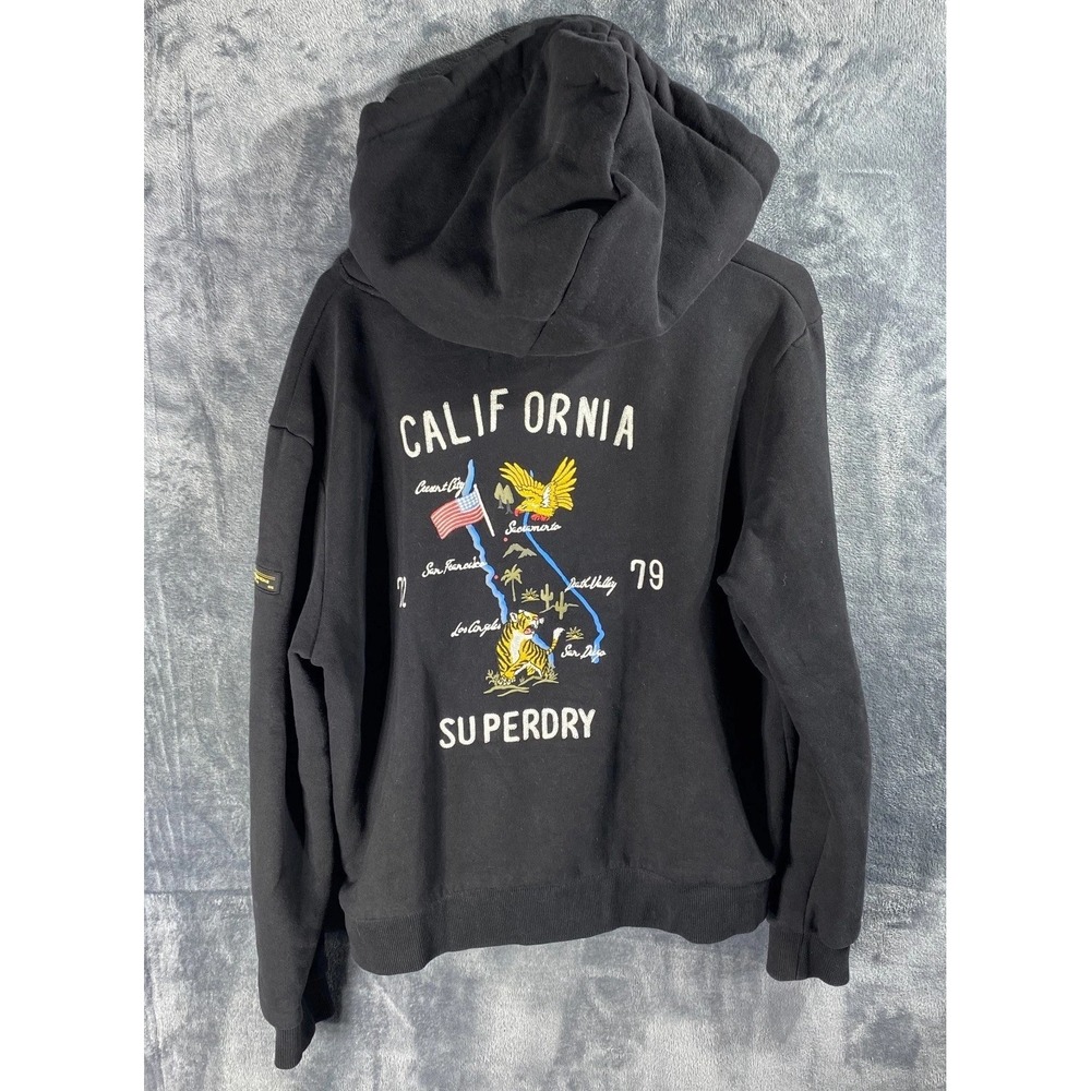 Superdry Hoodie Mens L Black Tiger Graphic California Pullover Fleece Embroider